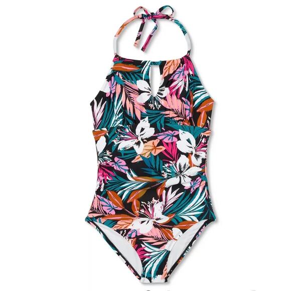 Kona Sol Halter Tropical Swimsuit One-Piece Size XL NEW Colorful Black White - Picture 1 of 5